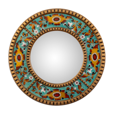 Floral Round Reverse-Painted Glass Wall Mirror in Turquoise