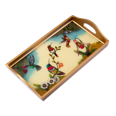 Floral and Bird-Themed Reverse-Painted Glass Tray