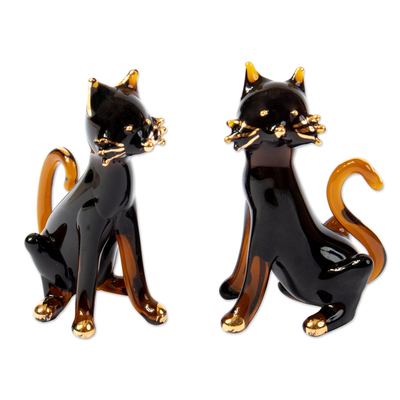 Pair of Gilded Amber Blown Glass Cat Figurines from Peru
