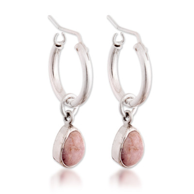 High-Polished Sterling Silver Rhodonite Dangle Hoop Earrings
