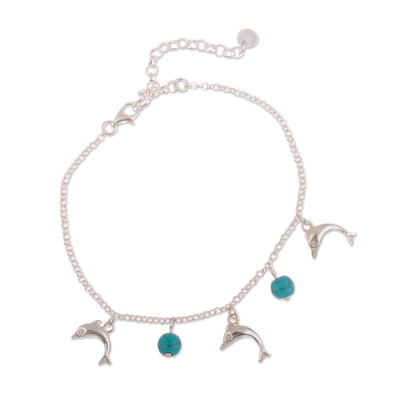 Dolphin-Themed Reconstituted Turquoise Charm Bracelet