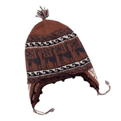 Alpaca Blend Chullo Hat with Llama Patterns in Redwood Hues