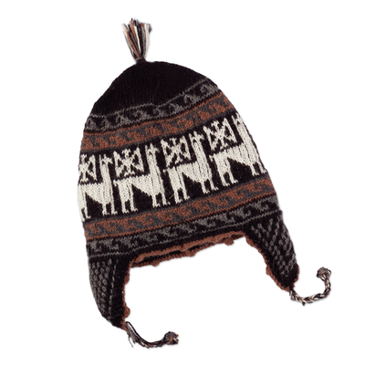 Alpaca Blend Chullo Hat with Llama Patterns in Black Hues