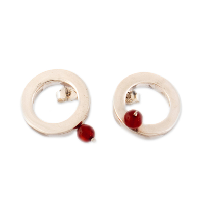 Modern Sterling Silver Button Earrings with Carnelian Beads