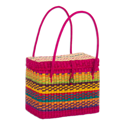 Handwoven Natural Rush Fiber Basket Painted in Vibrant Hues