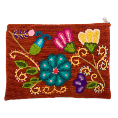 Floral Embroidered Pumpkin Wool Cosmetic Bag from Peru
