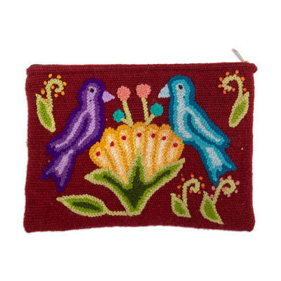 Bird and Flower-Themed Burgundy Wool Cosmetic Bag