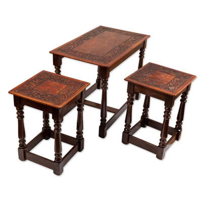 Set of 3 Handmade Classic Tornillo Wood and Leather Tables