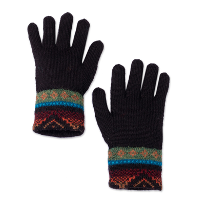 Traditional Knit Sage and Cyan 100% Alpaca Gloves from Peru