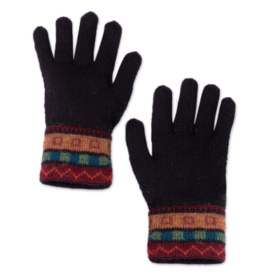 Traditional Knit Striped 100% Alpaca Gloves in Warm Hues