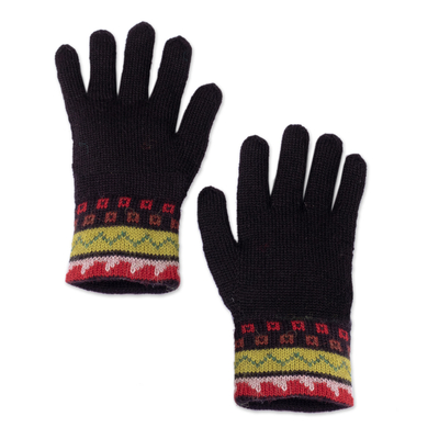 Traditional Knit Green and Red 100% Alpaca Gloves from Peru