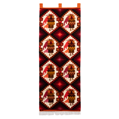 Owl-Themed Geometric Loomed Wool Tapestry from Peru