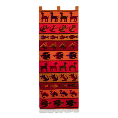 Animal-Themed Loomed Wool Tapestry in Red Hues