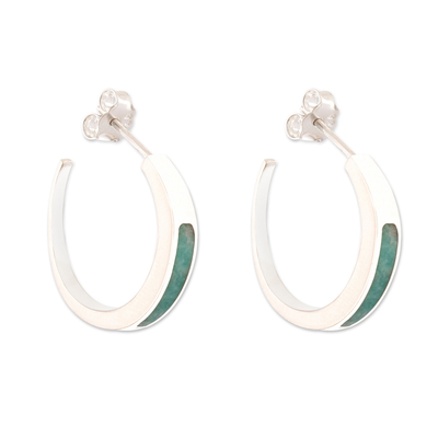Sterling Silver Half-Hoop Earrings with Inlaid Amazonite Gem