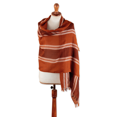 100% Alpaca Shawl in Orange & Brown with Stripes and Fringes
