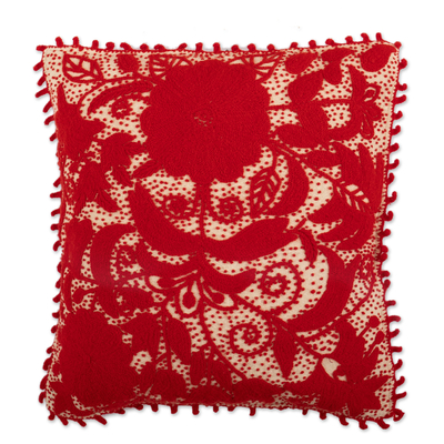 Floral Cardinal Red and Ivory Embroidered Cushion Cover