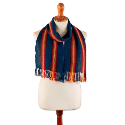 Striped Fringed Hand-Woven 100% Alpaca Scarf in Blue and Red