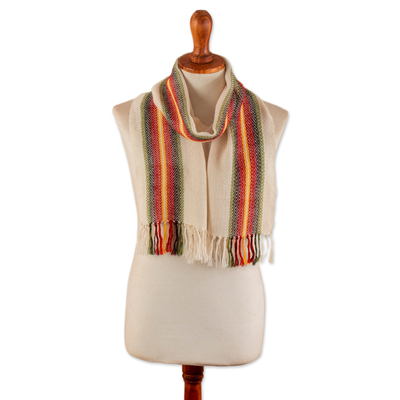 Hand-Woven 100% Alpaca Scarf in Ivory with Colorful Stripes
