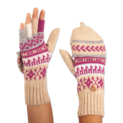 Azalea and Beige Acrylic and Alpaca Blend Convertible Gloves