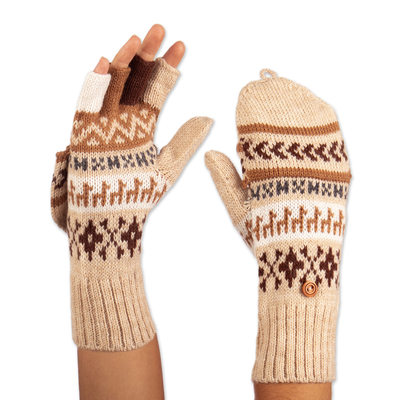 Chocolate and Ecru Acrylic and Alpaca Convertible Gloves