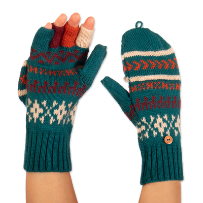 Knit Teal Acrylic and Alpaca Blend Convertible Gloves