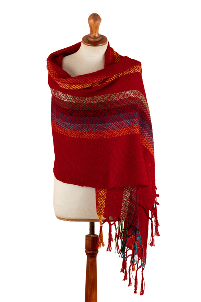 Handwoven Alpaca Blend Shawl in Red with Stripes and Fringes