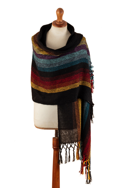 Striped and Fringed 100% Alpaca Shawl Hand-Woven in Peru