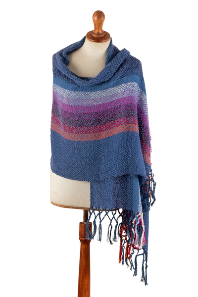 Handwoven Striped Fringed Alpaca Blend Shawl in Periwinkle