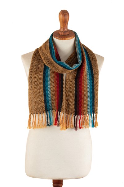 Handwoven Striped Soft Brown 100% Alpaca Scarf with Fringes
