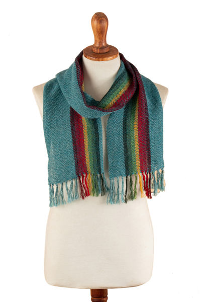 Handwoven Striped Turquoise 100% Alpaca Scarf with Fringes