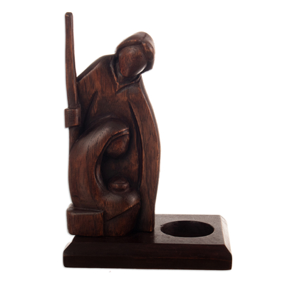 Hand-Carved Holy Family-Themed Wood Tealight Candleholder