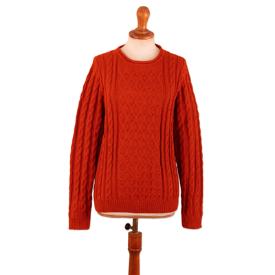 Soft Honeycomb-Patterned Rust 100% Alpaca Pullover Sweater