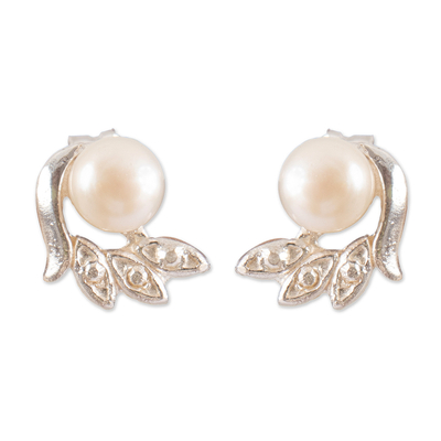 Cultured Pearl Sterling Silver Wing-Shaped Button Earrings
