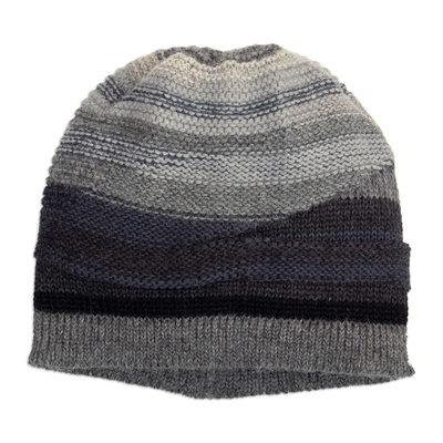 Knit 100% Alpaca Hat in Grey Silver and Black Hues from Peru