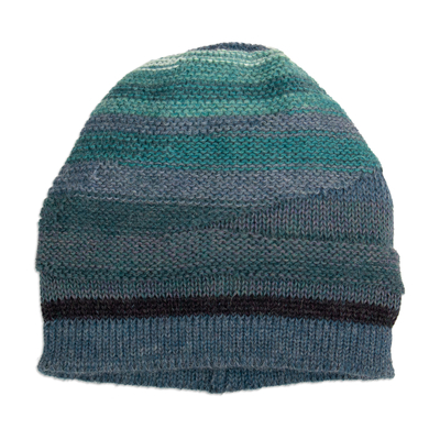 Knit 100% Alpaca Hat in Blue and Teal Shades from Peru