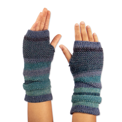 100% Alpaca Blue and Teal Knit Fingerless Mittens from Peru
