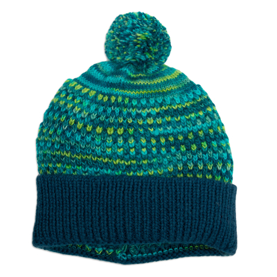 Blue Teal Green Patterned Knit Alpaca Blend Hat with Pompom