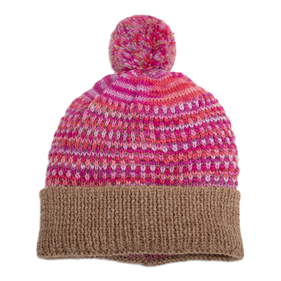 Patterned Knit Alpaca Blend Hat with Pompom in Pink & Brown