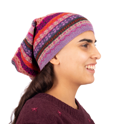 Jacquard Knit 100% Alpaca Hat in Pink Fuchsia and Lavender