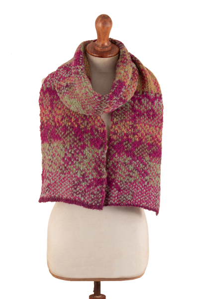 Knit Alpaca Blend Scarf in Burgundy Pink Green & Yellow Hues