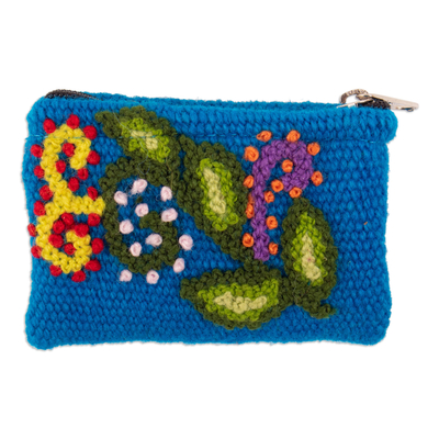 Handcrafted Leaf-Themed Blue Wool Coin Purse from Peru