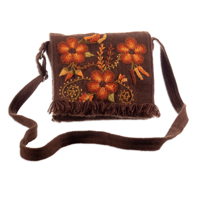 Floral and Leafy Embroidered Orange and Brown Sling Bag