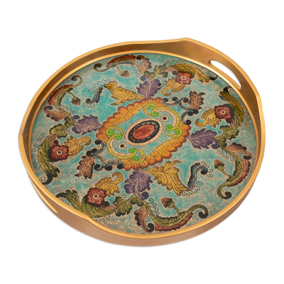 Handcrafted Baroque Leafy Reverse-Painted Glass Tray