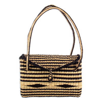 Beige and Black Tote Bag Hand-Woven from Natural Fibers