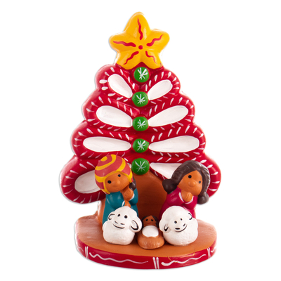 Hand-Painted Tree-Shaped Ceramic Nativity Scene in Red
