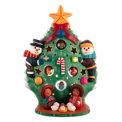 Hand-Painted Andean-Themed Christmas Tree Ceramic Sculpture