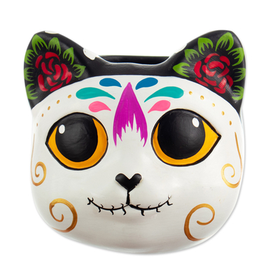 Painted Day of the Dead Cat-Shaped Ceramic Pencil Holder