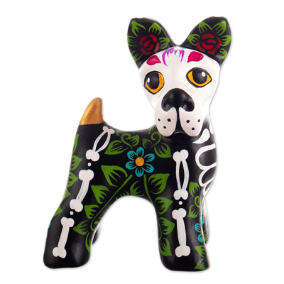 Hand-Painted Day of the Dead Dog-Shaped Ceramic Sculpture