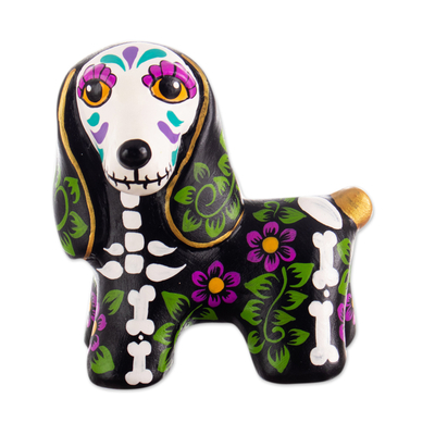 Hand-Painted Day of the Dead Dachshund Ceramic Sculpture