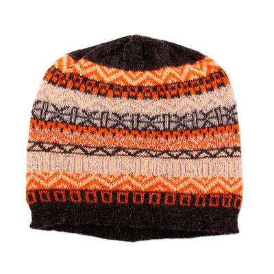Hand Knit 100% Baby Alpaca Hat in Grey Orange Ivory & Black